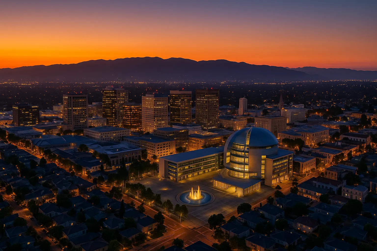 High-resolution aerial dusk view of San Jose featuring the curved glass dome of City Hall lit by golden interior light in the foreground, towering office buildings rising behind, and an orange-to-blue gradient sky above the cityscape.